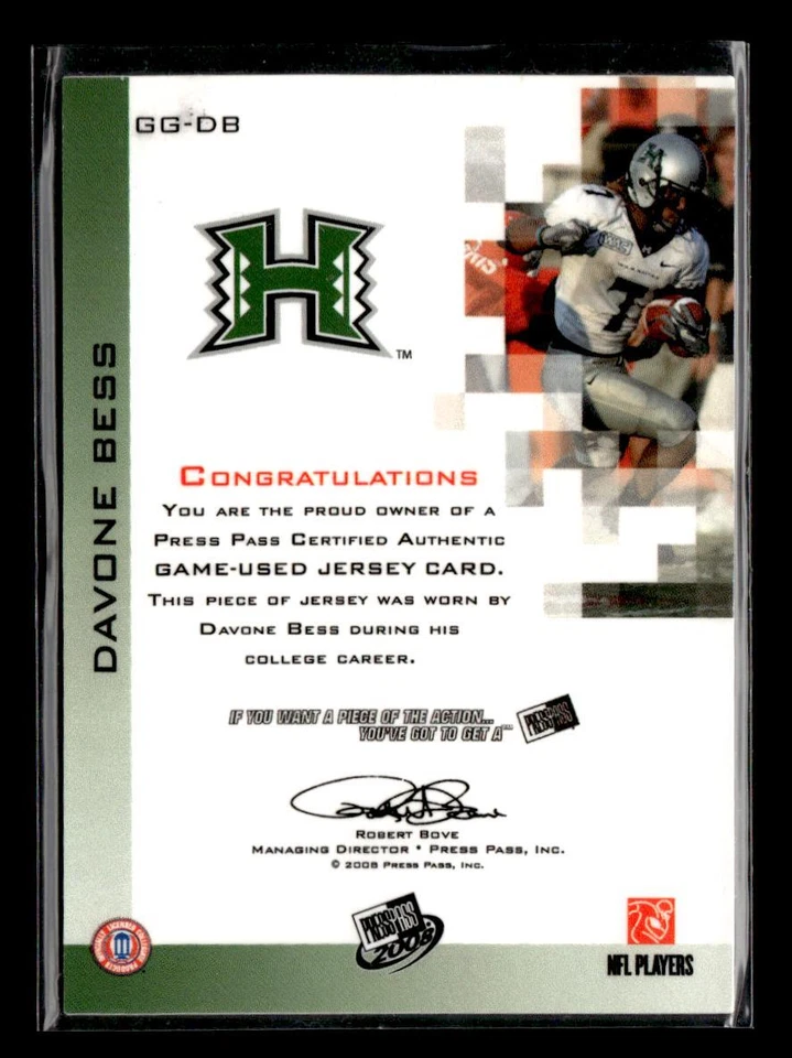 2008 Press Pass #GGDB Davone Bess Gridiron Gamers Jerseys Holofoil #/50 - Image 2 of 2