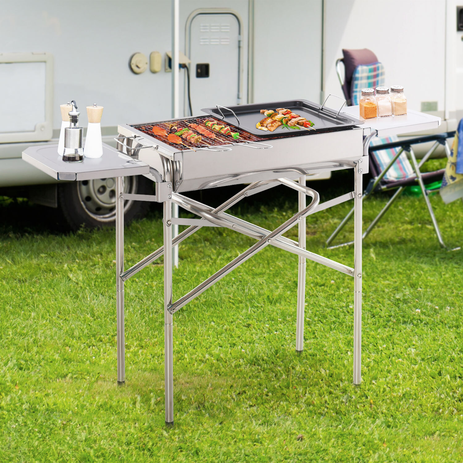 Barbacoa De Carbón Portátil De Acero Inoxidable Con 2 Estantes Bandeja Y Parillas Al Aire Libre Para Bbq Camping Senderismo Picnics 104X30X68 Cm En Oferta Barbacoa De Carbón Portátil De Acero Inoxidable Con 2 Estantes 104X30X68Cm Plata