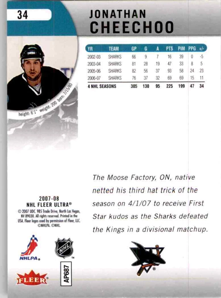 2007-08 Fleer Ultra Jonathan Cheechoo #34 - Image 2 of 2