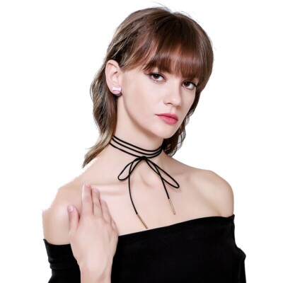 Ladies Black Stretch Velvet Gothic Long Bow Tie Tassel Gold Bar