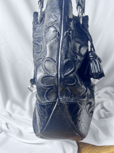 BRIGHTON Valencia Embroidered Floral Black Leather Shoulder Bag Braided Silver - Picture 7 of 17