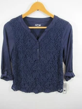 NEW Apt. 9 Lace Blouse Petite PM Blue 3/4 Sleeve Roll Tab