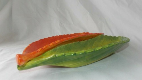 Dept 56 Ceramic Double Leaf Dish Server Green Orange 7" x 11" Fall Autumn Theme - Picture 5 of 12