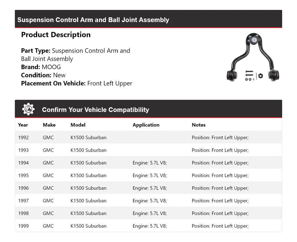 For 1992-1999 GMC K1500 Suburban Control Arm Front Left Upper MOOG 1992 1993 - Image 2 of 4