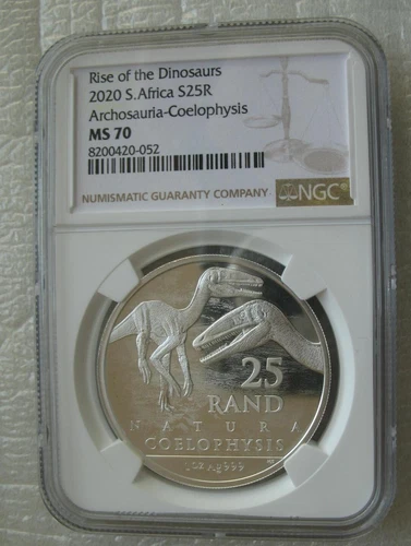 South Africa R25 2020 Silver Coin NATURA NO.2 Archosauria Coelophysis NGC MS70