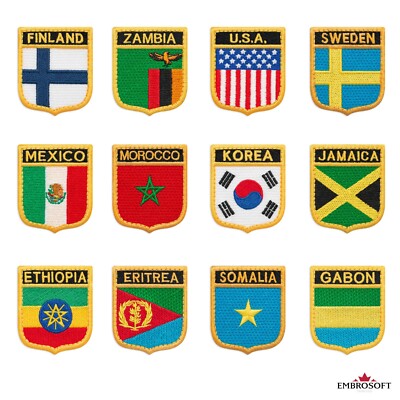 Country Flag On Shield Emblem Embroidered Patch Iron On / Sew On