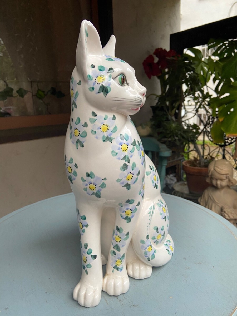 RARE NORLEANS Cat Ceramic Porcelain Figurine Statue Blue Floral