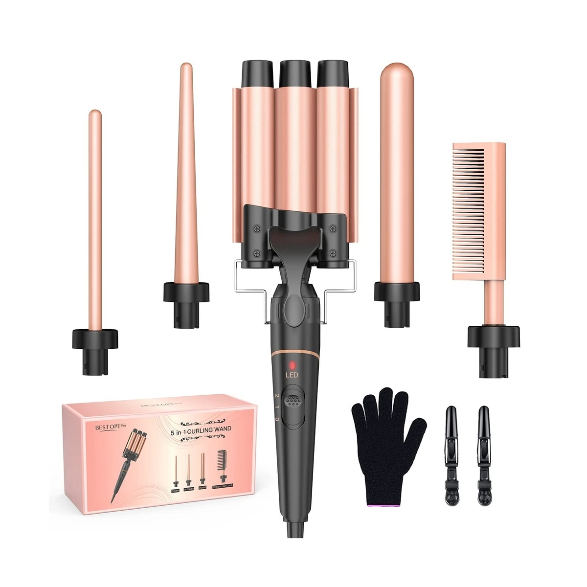 Beach Wave Curling Iron Wand BESTOPE PRO 5 in 1 Curling Wand Set