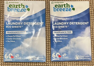 (2) 30-Sheet Packs Earth Breeze Laundry Detergent Eco Sheets - Fragrance Free