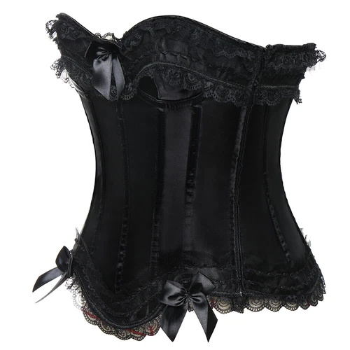 Women 12 Plastic Bones Waist Cincher Overbust Satin Corset Lace-Up Sexy Lingerie - Picture 17 of 19