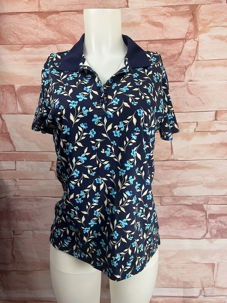 Lands End Polo Shirt Womens Size M Navy Floral Short Sleeves NWOT