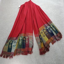 Anthropologie Moksha Mujer Rojo Floral Flecos Dobladillo Chal Bufanda 80" x 40" Boho
