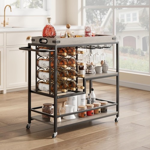 3-Tier Mobile Bar Serving Cart Liquor Storage Trolley w/ Wine Rack &Glass Holder - Picture 9 of 9
