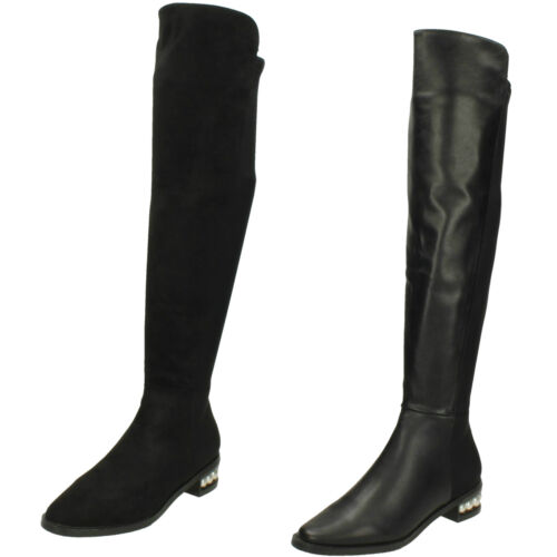 Ladies Black Spot On Knee High Leg Pearl Heeled Zip Up Boots : F5R0858 - Picture 1 of 12
