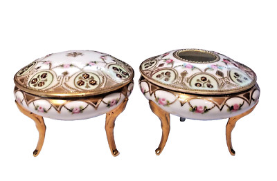 Antique Hand Painted Nippon Victorian Rose Footed Dresser Box & Hair Receiver