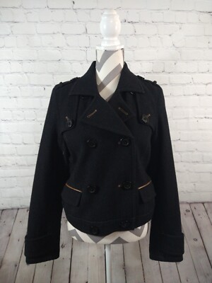 EUC women's AMERICAN EAGLE black double breasted wool blend pea coat SIZE  MED