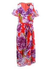 SL Fashions Women's Ruffled Cold-Shoulder Faux-Wrap Dress (12, Red Multi)