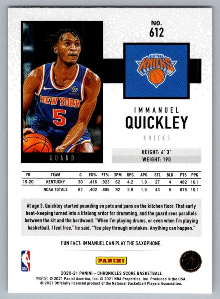 2020-21 Panini Chronicles Immanuel Quickley Rookie New York Knicks #612 - Image 2 of 2