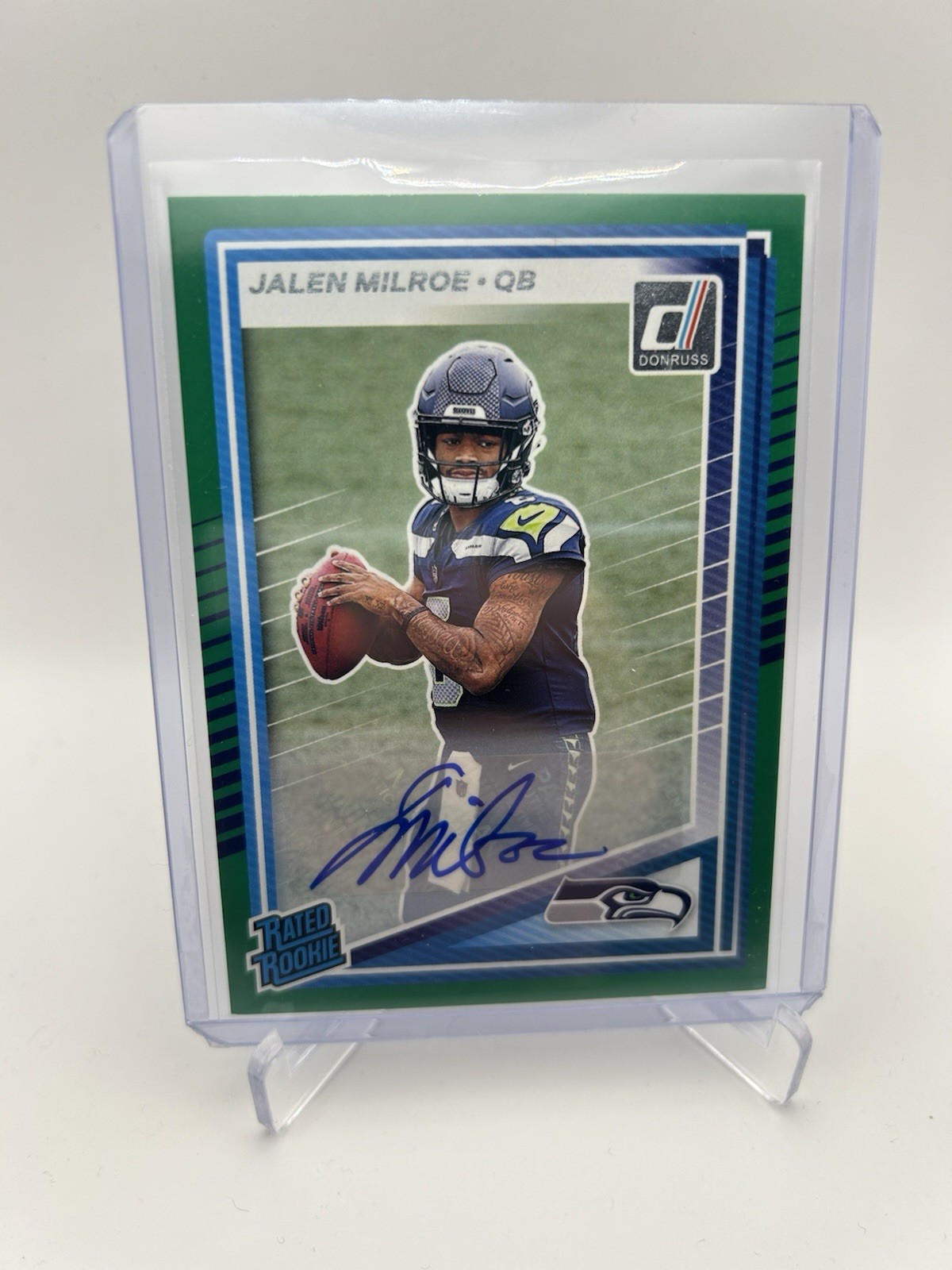 2025 Donruss Rated Rookie Jalen Milroe Green Press Proof AUTO