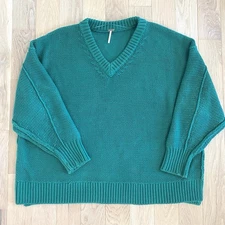 Free People Alli V Neck Sweater Size Large Oversized Green Slouchy Cozy