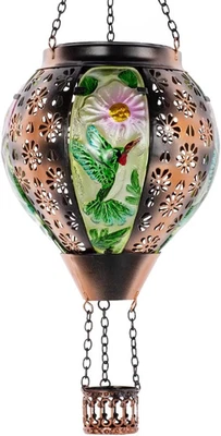 DREAMSOUL Hummingbird Hot Air Balloon Solar Lantern, Metal & Glass Flickering Fl