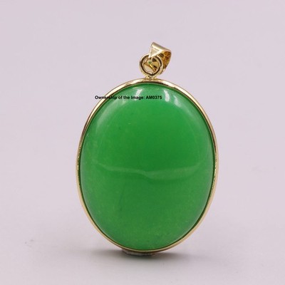 Handmade Oval Green Jade Pendant 18K Gold Plated GP Pendant 40mm H
