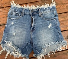 Risen Shorts Womens Size M Blue Denim distressed Cut off Raw Hem