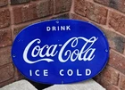 VINTAGE COCA COLA BLUE OVAL PORCELAIN ENAMEL SIGN COKE COLLECTIBLE MEMORABILIA