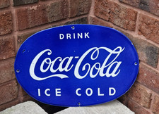 VINTAGE COCA COLA BLUE OVAL PORCELAIN ENAMEL SIGN COKE COLLECTIBLE MEMORABILIA