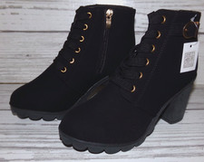 Vtg Black European Style Women's Mid Heel Ankle Lace-up Boots NIB Round Toe Sz 5