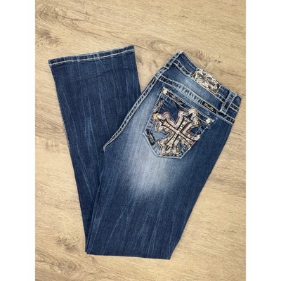 Miss Me Women's Y2K Dark Wash Boot Cut Rhinestone Cross Pocket Jeans 33x33