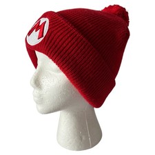 Nintendo Super Mario Bros Embroidered Logo Red Knit Cuff Pom Beanie Hat Adult
