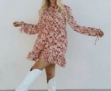 Free People S Red Floral Mini Dress Ruffle Long Sleeve Tie Chiffon Lined