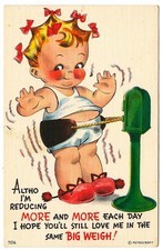 Children: Comic Chubby Little Girl on Vibrating Exercise Belt Machine. Linen.