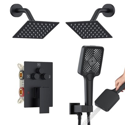KOJOX Dual Rain Shower System 6'' Matte Black Handheld Power Jet Valve Set