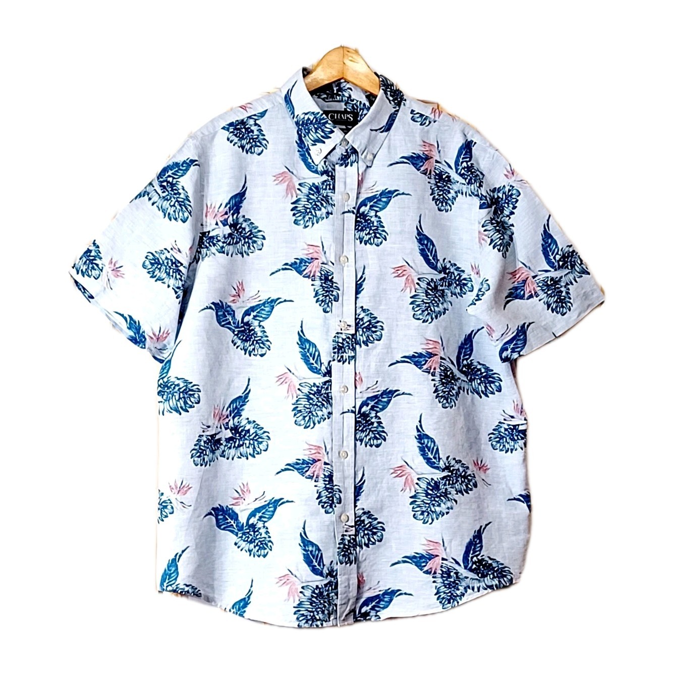 Chaps Men's Linen Cotton HAWAIIAN Floral Short Sleeve Button-Up Shirt XL