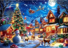 Puzzles for Adults 1000 Pieces Christmas Village Jigsaw Puzzle Snowmen and Reind