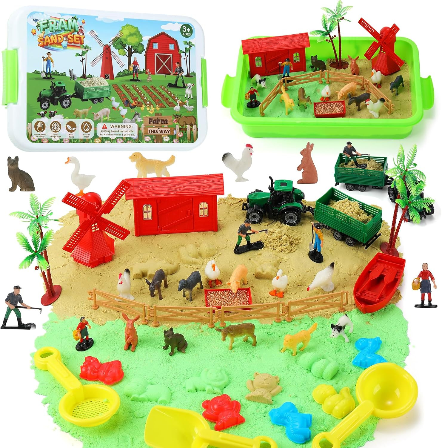 Farm Sensory Bin Toys, Sensory Play Sand Art Kit for Toddlers, Sandboxes with 2.