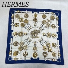 J681 Excellent Condition HERMES Silk 100 Scarf Blue Women s