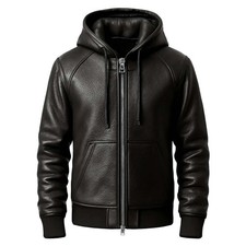 Mens Black Leather Hoodie Jacket - Premium Sheepskin Zip Up Bomber Coat