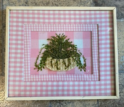 Vintage 1975 Jane Cohler Metal Frame Pink White Gingham & Fern In Basket Picture