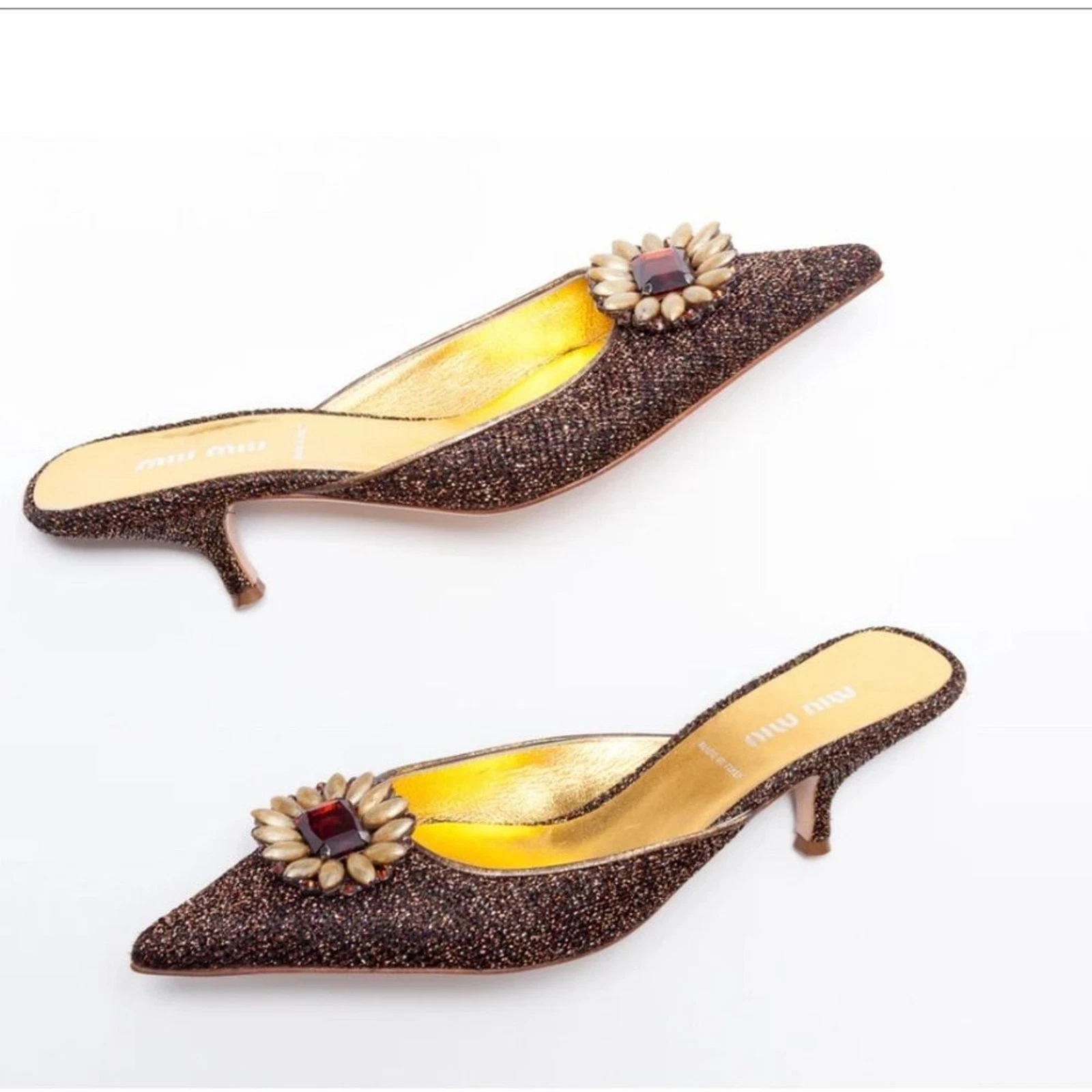Miu Miu — MIU MIU Embellished Woven Metallic Mules – Vintage Designer Heels Size 38.5