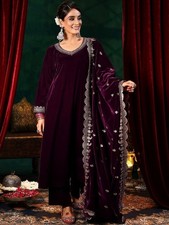 Women Velvet Embroidered Kurta Dupatta Set Party Wear Ethnic Outfit