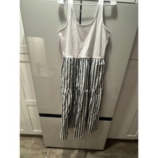J.Crew Womens Tiered Striped Mixed Media Midi Dress White Green Sleeveless L