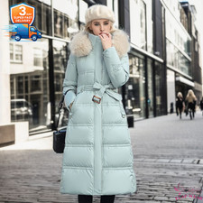 Women's Thick Long Puffer Coat with Faux Fur Hood  Belt - Slim Fit Winter Parka