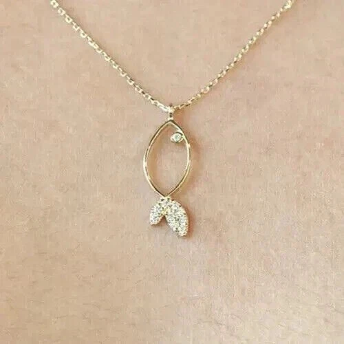 Small Fish Pendant 18"Chain 14K Yellow Gold Plated 0.50Ct Round Cut Moissanite