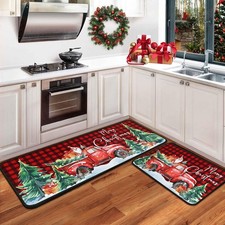 Christmas Kitchen Rugs and Mats Set of 2, 17"x47.2" 17"x30", Red