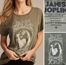 JANIS JOPLIN T-SHIRT LADIES LUCKY BRAND NWT *OLIVE GREEN w/ BEDAZZLING STUDS * M