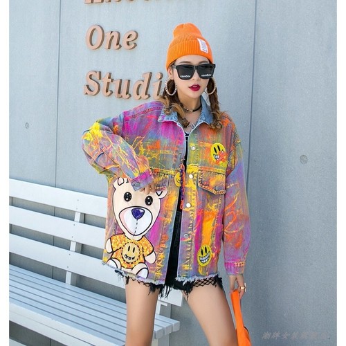 Denim Jacket Colorful Painted Teddy Bear Smiley Face Oversized L/XL - Picture 3 of 8