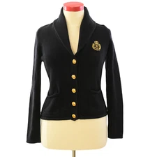 Chaps Black Knit Blazer Cardigan Womens L Crest Gold Button Shawl Collar Preppy
